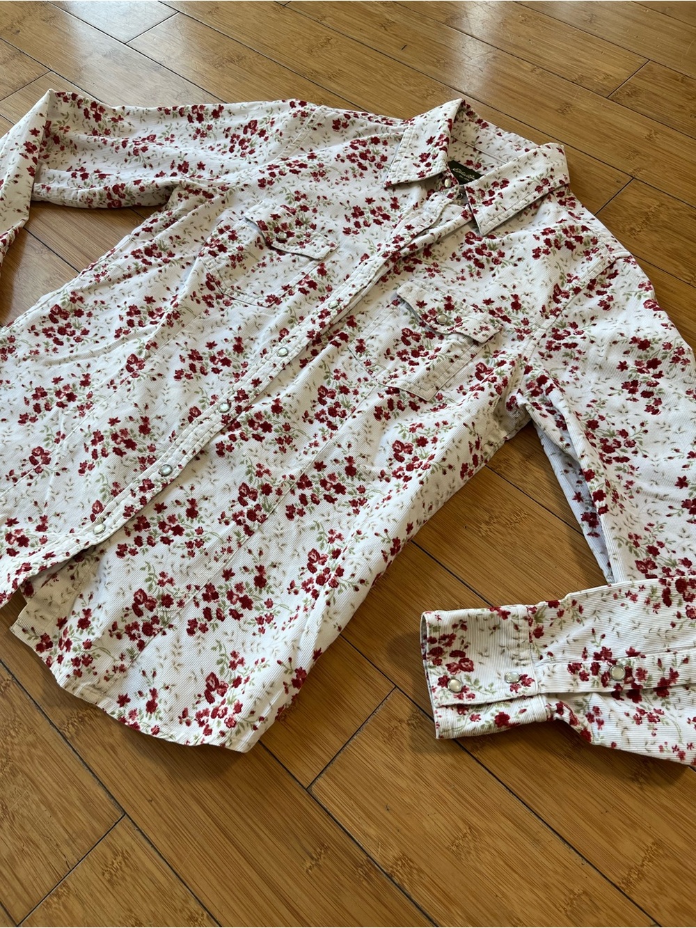 Eddie Bauer Corduroy White Floral Snap Button-Down Shirt 100% Cotton